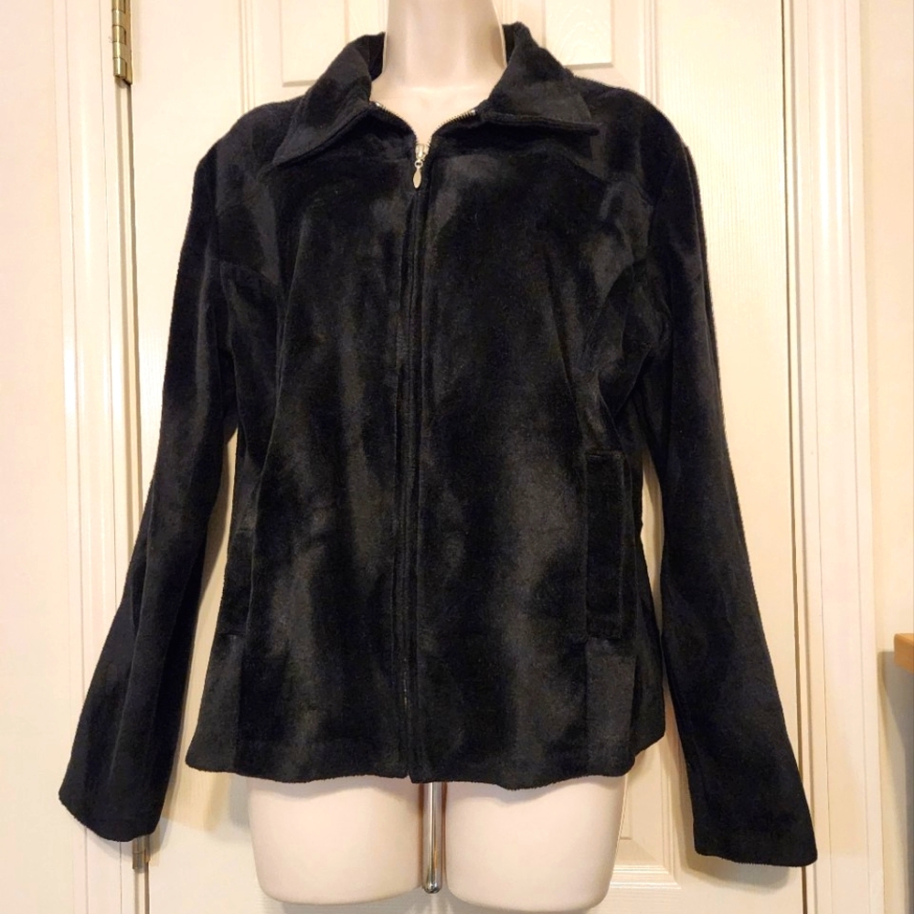 ✨️Vintage 90s Free People Black Velour Full-Zip Jacket Size Large Polyester RARE